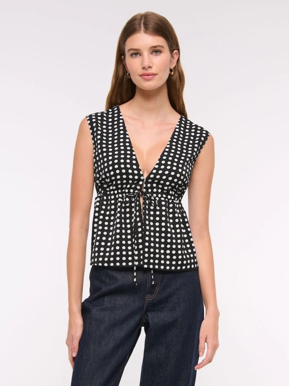 Abercrombie & Fitch Black and White Polka Dot V-Neck Tie-Front Camisole